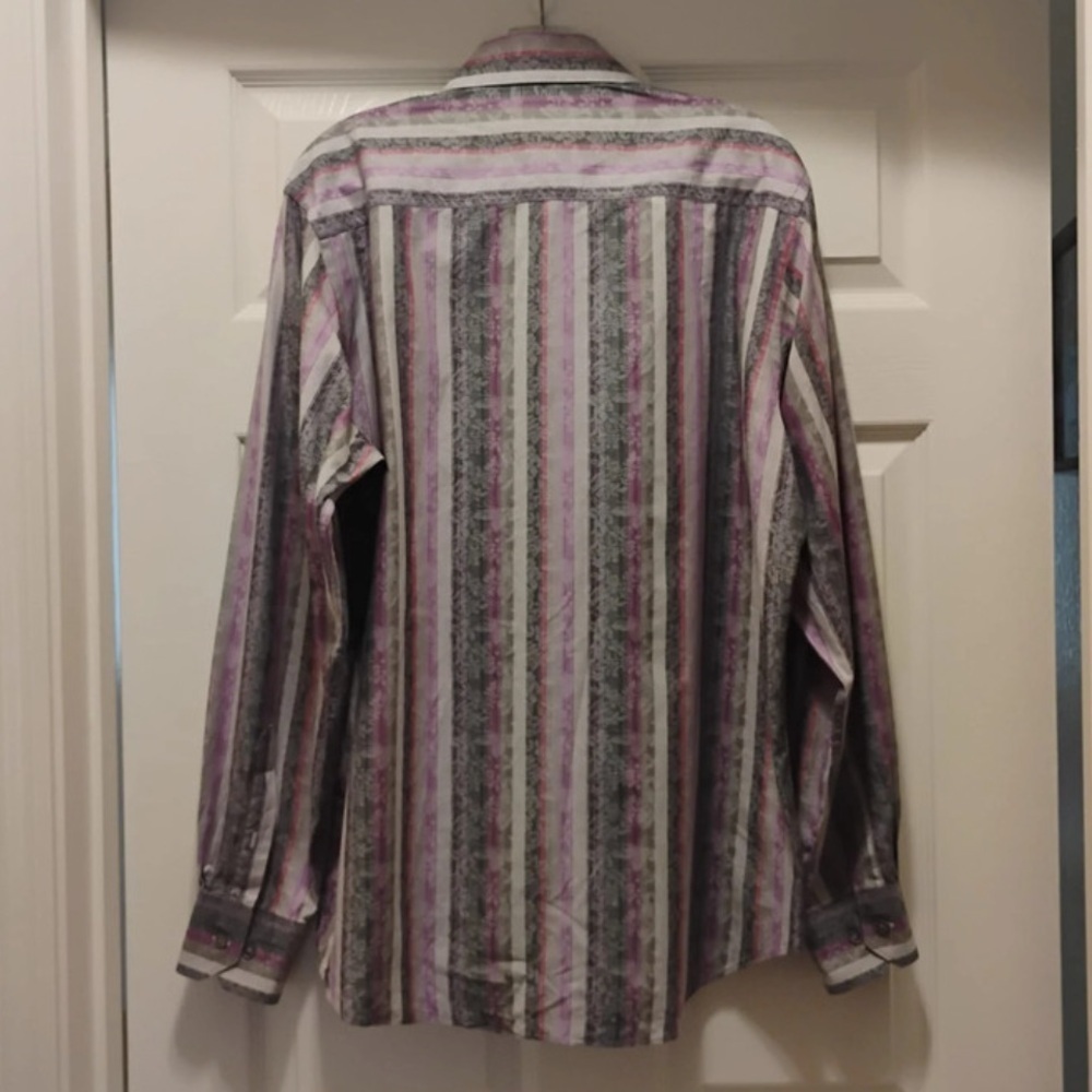 Bugatchi Uomo Men's Button Down Shirt Purple Gray Silver Stripe Unique Formal - Picture 3 of 4